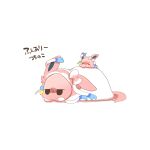  >_< animal_ears blanket blush bocchi_the_rock! commentary_request full_body gotoh_hitori gotoh_hitori_(octopus) gotoh_hitori_(tsuchinoko) jitome no_humans pokemon rebecca_(keinelove) simple_background sylveon translation_request tsuchinoko white_background 