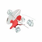  1girl arthropod_girl artist_name ben-day_dots black_eyes cloak commentary film_grain from_behind from_side full_body highres hightguy hollow_knight hollow_knight:_silksong hornet_(hollow_knight) horns ice ice_cube needle_(hollow_knight) red_cloak screentones simple_background solo symbol-only_commentary thread weapon weapon_on_back white_background 