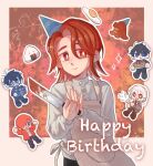  1other 4boys aihara_yuu akinashi_haru apple_pie apron black_hair black_pants blood blood_on_knife blue_eyes brown_cardigan brown_pants cardigan chef chibi chibi_inset creature_and_personification crossover finger_heart food gift happy_birthday harumi_yuu hat highres holding holding_gift holding_knife humanization knife mini_person miniboy multiple_boys onigiri orange_hair original pants party_hat personification pie qinliu_cat red_eyes red_hair saihate_eki tako_(ruuya1124) tatsunami_shion this_game_is_not_real white_hair 