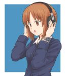  1girl :o blue_jacket brown_eyes brown_hair commentary eyebrows_visible_through_hair girls_und_panzer green_shirt headphones jacket long_sleeves mutsu_(layergreen) nishizumi_miho ooarai_military_uniform shirt short_hair simple_background solo upper_body watch wristwatch 