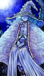  1girl absurdres blue_eyes blue_hair blue_skin cape closed_mouth colored_skin crack cracked_skin dress elden_ring extra_arms extra_faces fur_coat hat highres jewelry long_hair looking_at_viewer nazo_no_diaboro one_eye_closed own_hands_together ranni_the_witch ring smile solo wavy_hair witch witch_hat 