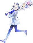  1girl akira_(kadokawa) animal_print bad_link blonde_hair blue_hair club_(weapon) fake_horns full_body gradient_hair gradient_pantyhose horns jacket jean_bart_(kancolle) jean_bart_(setsubun)_(kancolle) kanabou kantai_collection multicolored_hair official_alternate_costume official_art see-through_clothes see-through_jacket short_hair solo spiked_club tiger_print transparent_background weapon 