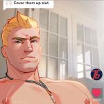  1boy bara blonde_hair closed_mouth cover_them_up_slut_(meme) dialogue_box jewelry large_pectorals looking_at_viewer male_focus meme muscular muscular_male necklace nipples oricalcon overwatch pectoral_focus pectorals soldier:_76_(overwatch) solo tiktok upper_body 