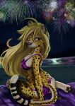  2017 anthro bikini blonde_hair breasts cheetah clothing digital_media_(artwork) felid feline female fireworks fur hair hi_res mammal mihari_(miharicheetah) mtapartstuff night open_mouth pawpads sitting solo spots swimwear teeth yellow_body yellow_eyes yellow_fur 