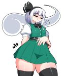  1girl absurdres belt black_belt black_bow black_bowtie black_hairband black_thighhighs bow bow_hairband bowtie breasts closed_mouth collared_shirt commentary cowboy_shot english_commentary green_skirt green_vest hairband highres hitodama hitodama_print konpaku_youmu konpaku_youmu_(ghost) perfect_cherry_blossom pleated_skirt print_vest puffy_short_sleeves puffy_sleeves raised_eyebrows ruihill shirt short_hair short_sleeves simple_background skindentation skirt small_breasts smile solo thick_thighs thighhighs thighs touhou vest white_background white_hair white_shirt zettai_ryouiki 