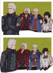  1girl 3boys black_gloves black_hair blue_eyes brothers coat dante_(devil_may_cry) devil_may_cry_(series) devil_may_cry_5 double_middle_finger father_and_son fingerless_gloves gloves hair_slicked_back hejee heterochromia highres hood lady_(devil_may_cry) middle_finger multiple_boys nero_(devil_may_cry) red_coat short_hair siblings vergil_(devil_may_cry) white_hair 