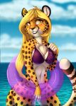  2015 abs amber_eyes anthro athletic athletic_anthro athletic_female bikini blonde_hair breasts cheetah chest_tuft clothing detailed_background digital_media_(artwork) felid feline female fur grin hair inflatable long_hair mammal mihari_(miharicheetah) orange_body orange_fur outside pool_toy rika sea seascape sky smile solo spots swim_ring swimwear tuft water white_body white_fur yellow_body yellow_fur 