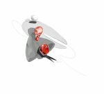  1girl arthropod_girl artist_name ben-day_dots black_eyes bubble chinese_commentary cloak commentary_request film_grain from_below full_body highres hightguy hollow_knight hollow_knight:_silksong hornet_(hollow_knight) horns looking_up screentones simple_background solo spot_color thread white_background 