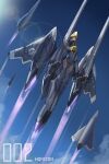 1girl absurdres aircraft airplane armor blue_leotard cloud english_commentary expressionless fighter_jet flying highres jet lens_flare leotard looking_up mecha_musume military military_vehicle original shiny sky solo thrusters zen_(jirakun) 