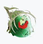  1girl animal_skeleton arthropod_girl artist_name ben-day_dots black_eyes chinese_commentary cloak commentary_request copyright_name film_grain from_above highres hightguy hollow_knight hollow_knight:_silksong hornet_(hollow_knight) horns lily_pad needle_(hollow_knight) pin_(hollow_knight) plant red_cloak screentones shadow simple_background solo thread wading water white_background 