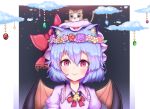  1girl animal_ear_fluff animal_ears animal_on_head bat_wings bell blue_hair blush bow bowtie cat cat_ears cat_on_head closed_mouth cloud collared_shirt commentary eyebrows_visible_through_hair flower_wreath frilled_shirt_collar frills gem hair_between_eyes hat hat_bow head_wreath highres jingle_bell kemonomimi_mode looking_at_viewer medium_hair mob_cap neck_bell on_head pink_headwear pink_shirt red_bow red_bowtie red_eyes remilia_scarlet shirt smile solo touhou upper_body wings yuzak 