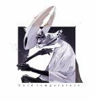  1boy 1other armor artist_name ben-day_dots black_cloak border chain chinese_commentary cloak commentary_request crack english_text father_and_child film_grain highres hightguy hollow_eyes hollow_knight hollow_knight_(character) horns hug outside_border pale_king_(hollow_knight) pauldrons pure_vessel screentones shoulder_armor simple_background white_border white_cloak 