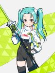  1girl aqua_hair bangs black_gloves brown_eyes commentary cosplay cowboy_shot flag girls_und_panzer gloves goodsmile_racing hachiko_(kota091986) highres holding holding_flag kadotani_anzu long_hair looking_at_viewer parted_bangs race_queen racing_miku racing_miku_(2022) racing_miku_(cosplay) smile solo twintails 