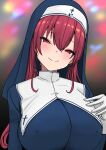 1girl alternate_eye_color blush breasts gloves h2o_(ddks2923) highres hololive houshou_marine large_breasts looking_at_viewer nun red_eyes red_hair smile solo twintails veil virtual_youtuber white_gloves 
