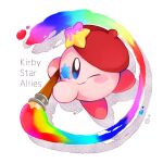  beret blue_eyes blush_stickers cf217 english_text hat highres holding holding_paintbrush kirby kirby:_star_allies kirby_(series) one_eye_closed paint_splatter paint_splatter_on_face paintbrush rainbow_gradient signature simple_background smile solo solo_focus star_(symbol) white_background 