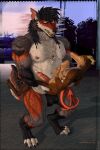 abdominal_bulge ahundred anthro canid canine canis chest_tuft digitigrade duo ear_piercing foreskin fur genitals hi_res hooves horn hybrid hyper knot knot_bulge living_condom male male/male mammal mexican_wolf multicolored_body multicolored_fur multicolored_tail muscular muscular_male notched_ear penis piercing size_difference spade_tail tail tuft wolf