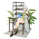  1girl absurdres animal_ears arknights bangs bare_legs bare_shoulders black_choker black_footwear breasts cat_ears chair choker coffee_pot commentary criss-cross_halter crossed_legs cup dress green_dress green_eyes halterneck high_heels highres holding holding_cup kal&#039;tsit_(arknights) large_breasts long_sleeves looking_at_viewer mug naoel_(naoel_art) off-shoulder_dress off_shoulder plant rhodes_island_logo short_hair silver_hair sitting solo thighs 