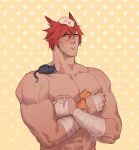  1boy abs animal_ears artist_name bandages bara biceps blush cat crossed_arms highres league_of_legends male_focus muscular pectorals punbun_4fun red_hair scar scar_on_face sett_(league_of_legends) topless topless_male veins yellow_eyes 
