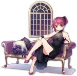  1girl artist_request black_dress bouquet brown_eyes couch dress earrings flower high_heels jewelry mahjong_soul miyanaga_teru night night_sky official_art pillow pink_footwear pink_hair ponytail purple_flower purple_rose rose saki shadow simple_background sitting sky solo star_(sky) starry_sky transparent_background window yostar 