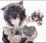  1boy animal_ear_fluff animal_ears apron bandaid bandaid_on_finger bandaid_on_hand black_dress black_hair bow box box_of_chocolates cat_ears cat_tail chibi chibi_inset collared_dress crossdressing crossdressing_(mtf) degrees_of_lewdity dress freesia_quan frilled_apron frills green_bow green_eyes hair_between_eyes highres holding holding_box juliet_sleeves kemonomimi_mode kylar_(degrees_of_lewdity) kylar_(male)_(degrees_of_lewdity) long_sleeves maid maid_headdress male_focus portrait puffy_sleeves short_hair sleeves_past_wrists smile solo tail 