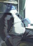  2022 7gaku_7 anthro black_nose blue_body book bookshelf bottomwear canid canine clothing detailed_background furniture hi_res humanoid_hands inside kemono male mammal overweight overweight_male pants shirt sitting solo topwear 