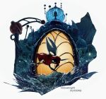  1girl absurdres arthropod_girl artist_name backlighting ben-day_dots cloak commentary copyright_name english_commentary english_text film_grain glowing glowing_eyes highres hightguy holding holding_behind_back holding_weapon holding_weapon_behind_back hollow_knight hollow_knight:_silksong hollow_knight:_silksong_-_sea_of_sorrow hornet_(hollow_knight) horns looking_at_viewer needle_(hollow_knight) red_cloak screentones simple_background solo water weapon white_background window window_light 