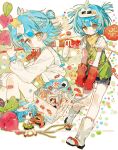  1girl blue_hair blue_sailor_collar blush brown_eyes closed_mouth commission dot_mouth dot_nose food gloves hair_ornament hairpin highres knee_blush looking_at_viewer mihuashi_commission multiple_views original polka_dot polka_dot_scarf puffy_short_sleeves puffy_sleeves red_gloves red_pupils sailor_collar sandals scarf school_uniform short_hair short_sleeves shorts sidelocks speech_bubble star_(symbol) sushi two_side_up twuos watermark yellow_scarf 