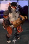 abdominal_bulge ahundred anthro balls bodily_fluids canid canine canis chest_tuft cum cum_dripping_on_floor cum_inflation cum_inside cum_on_balls digitigrade duo ear_piercing foreskin fur genital_fluids genitals hi_res hooves horn hyper inflation knot knot_bulge living_condom male male/male mammal mexican_wolf multicolored_body multicolored_fur multicolored_tail muscular muscular_male notched_ear penis piercing size_difference spade_tail tail tuft wolf