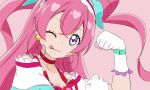  1girl ;p bangs breasts choker cleavage collarbone cure_precious delicious_party_precure eyebrows_visible_through_hair fuchi_(nightmare) gloves hair_cones long_hair looking_at_viewer magical_girl medium_breasts nagomi_yui one_eye_closed pink_background pink_choker portrait precure simple_background smile solo tongue tongue_out white_gloves 