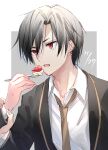  1boy 1other bangs black_hair black_jacket brown_necktie collared_shirt dated earrings eyebrows_visible_through_hair food fork fruit gakuen_alice grey_background hair_between_eyes holding holding_another&#039;s_wrist holding_fork hyuuga_natsume jacket jewelry long_sleeves male_focus necktie open_clothes open_jacket open_mouth ouri_(aya_pine) out_of_frame parted_bangs red_eyes shirt solo_focus strawberry sweat two-tone_background white_background white_shirt 