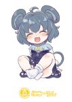  1girl :d ^_^ ahoge animal_ear_fluff animal_ears arm_support bangs bare_legs blush capelet chibi closed_eyes commentary_request cookie_(touhou) dot_nose dress eyebrows_visible_through_hair facing_viewer full_body gem grey_dress grey_hair hair_between_eyes happy indian_style jewelry long_sleeves mouse_ears mouse_tail nazrin necklace no_shoes nyon_(cookie) open_mouth pendant short_hair simple_background sitting smile socks solo tail touhou translation_request tsuzuchii white_background white_legwear white_sleeves 