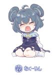  1girl ahoge animal_ear_fluff animal_ears arm_support bangs blush capelet chibi closed_eyes commentary_request cookie_(touhou) crying dot_nose dress eyebrows_visible_through_hair facing_viewer full_body grey_dress grey_hair hair_between_eyes jewelry long_sleeves mouse_ears mouse_tail nazrin no_shoes nyon_(cookie) open_mouth pendant short_hair simple_background sitting socks solo tail tears touhou translation_request tsuzuchii wariza wavy_mouth white_background white_legwear white_sleeves 