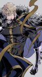  1boy absurdres black_shirt blonde_hair blood blood_on_face blue_cape blue_eyes cape chain chiamo_(lmc_clm) fate/extra fate/grand_order fate_(series) fur-trimmed_cape fur_trim gauntlets gawain_(fate) highres shirt solo tight_clothes toned toned_male 