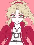  1girl bangs bespectacled blonde_hair braid breasts collarbone fate/apocrypha fate_(series) glasses green_eyes grin hair_ornament hair_scrunchie highres jacket long_hair looking_at_viewer mordred_(fate) mordred_(fate/apocrypha) open_clothes open_jacket parted_bangs partially_colored pink_background ponytail red-framed_eyewear red_jacket red_scrunchie scrunchie simple_background small_breasts smile solo tachitsu_teto upper_body 