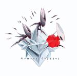  1girl arthropod_girl ben-day_dots black_eyes cloak commentary crystal english_text film_grain from_side full_body gameplay_mechanics highres hightguy hollow_knight hollow_knight:_silksong hornet_(hollow_knight) horns needle_(hollow_knight) red_cloak screentones simple_background solo symbol-only_commentary weapon weapon_on_back white_background 