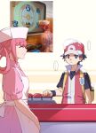  ... 1boy 1girl 88_(einnimnech) apron baseball_cap black_hair blastoise brown_eyes brown_hair charizard closed_eyes closed_mouth commentary_request dress hair_rings hat highres jacket joy_(pokemon) lapras nurse nurse_cap photo_inset pikachu pink_dress pink_hair poke_ball poke_ball_(basic) pokemon pokemon_(creature) pokemon_hgss red_(pokemon) red_hat shirt short_hair short_sleeves smile snorlax snow_on_head speech_bubble spoken_ellipsis sweatdrop venusaur vs_seeker white_apron yellow_bag 