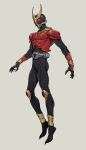  1boy abs anklet armor belt bigunit black_bodysuit black_footwear bodysuit breastplate driver fingernails full_body gauntlets gold_horns highres horns jewelry kamen_rider kamen_rider_kuuga kamen_rider_kuuga_(series) male_focus red_armor skinny stylistic toenails toned toned_male 