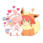  2girls ? animal_hood blush bocchi_the_rock! chibi chibi_only closed_eyes commentary_request cosplay cube_hair_ornament flareon flareon_(cosplay) gotoh_hitori hair_ornament heart hood hood_up kita_ikuyo multiple_girls nervous one_side_up pink_hair pokemon rebecca_(keinelove) red_hair sitting sweat sylveon sylveon_(cosplay) trembling yellow_eyes yuri 