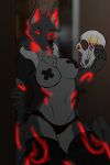  abyssal_wolf anthro black_body black_fur breasts clothed clothing digital_media_(artwork) female fur glowing glowing_markings markings mask pinup pose red_eyes skull_mask solo tape tongue tongue_out unknown_artist 
