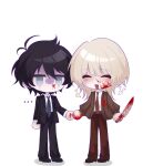 2boys :d akinashi_haru arms_at_sides black_hair black_jacket black_pants black_suit blonde_hair blood blood_on_face blood_on_hands blood_on_knife blue_necktie brown_cardigan brown_pants cardigan chibi circle_hands closed_eyes collared_shirt crying dottore_chan0w0 dress_shirt full_body gloom_(expression) heart holding holding_hands holding_knife jacket knife multiple_boys necktie pants red_necktie saihate_eki shirt shoes smile standing suit tatsunami_shion white_shirt 