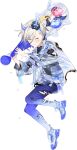  1girl akira_(kadokawa) animal_print bad_link blonde_hair blue_hair burnt_clothes club_(weapon) fake_horns full_body gradient_hair gradient_pantyhose horns jacket jean_bart_(kancolle) jean_bart_(setsubun)_(kancolle) kanabou kantai_collection multicolored_hair official_alternate_costume official_art one_eye_closed see-through_clothes see-through_jacket short_hair shorts solo spiked_club tiger_print transparent_background weapon white_shorts 