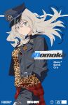  1girl animal_print black_hat black_jacket black_pants blue_background breasts character_name commentary fromgod_jungle girls_band_cry grey_eyes grey_hair hashtag-only_commentary hat highres jacket kawaragi_momoka long_hair medium_breasts pants simple_background solo tiger_print torn_clothes torn_pants typo 