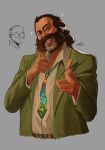  1boy :d belt blazer brown_hair cleft_chin collared_shirt commentary disco_elysium double_finger_gun english_commentary facial_hair finger_gun green_jacket grin hair_slicked_back harry_du_bois highres horrific_necktie jacket kim_kitsuragi male_focus mullet mutton_chops nurve26 pointing pointing_at_viewer raised_eyebrow shirt shirt_tucked_in smile white_shirt 