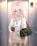  1girl absurdres ahoge alternate_costume bag blue_archive bow brown_skirt cellphone collared_shirt commentary_request cup drinking_straw elevator fingernails green_eyes hair_bow hair_ornament halo hanako_(blue_archive) highres holding holding_cup holding_phone hyurumari indoors korean_commentary long_hair long_sleeves looking_at_viewer pantyhose pencil_skirt phone pink_hair pink_halo selfie shirt shoulder_bag skirt solo taking_picture upper_body white_shirt 