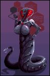 2023 anthro apode bare_breasts big_breasts breasts chest_markings claws digital_media_(artwork) draconcopode exoskeleton fangs featureless_breasts female gesture glowing glowing_claws glowing_eyes glowing_hood glowing_markings glowing_symbol grey_body hand_on_hip hand_on_own_hip hexagon_background hi_res huge_breasts hyper hyper_breasts legless markings metallic_body metallic_teeth naga pixel_(artwork) pupils purple_background purple_body red_claws red_eyes red_markings reptile robot_anthro scales scalie segmented_body segmented_neck segmented_tail serpentine signature simple_background skollerin snake snake_hood snake_naga solo symbol_on_chest tail_claws teeth unusual_pupils ventral_scales waving xen_(xenthetechnomorph)