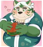  &lt;3 2022 anthro blush burger canid canine canis clothed clothing domestic_dog food green_body hi_res humanoid_hands kemono lifewonders live-a-hero male mammal marumori0619 mokdai overweight overweight_male simple_background solo video_games 