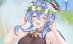  1girl ^_^ ^o^ armpits bare_arms bare_shoulders bell blue_hair breasts closed_eyes cowbell flower flower_on_head ganyu_(genshin_impact) genshin_impact hair_flower hair_ornament hands_up happy horns large_breasts open_mouth petals sleeveless smile solo toba_toba 