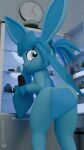 2026 3d_(artwork) 9:16 anthro anthrofied appliance bella_(sawert) blender_(artwork) blender_cycles_(artwork) blue_body blue_eyes clock dessert digital_media_(artwork) eeveelution female food fridge fur generation_4_pokemon glaceon hair hi_res holding_object ice_cream inside kitchen kitchen_appliance looking_at_another looking_back nintendo nude pokemon pokemon_(species) sawert solo tail