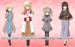  4girls beanie black_boots black_bow black_hairband black_pantyhose black_ribbon black_shoes blonde_hair blue_dress blue_eyes blue_pants blue_sweater blunt_bangs blush boots bow box box_of_chocolates braid brown_boots brown_coat brown_eyes brown_hair brown_skirt carpaccio_(girls_und_panzer) casual character_name chocolate closed_eyes coat collarbone commentary_request darjeeling_(girls_und_panzer) dress expressionless food full_body gift girls_und_panzer girls_und_panzer_senshadou_daisakusen! gradient_background grey_dress grey_sweater hairband hat hat_bow heart-shaped_box highres holding holding_chocolate holding_food holding_gift jewelry legs long_hair long_skirt long_sleeves looking_at_viewer multiple_girls necklace nishizumi_shiho official_art one_eye_closed one_side_up pants pantyhose pink_bow pom_pom_(clothes) pom_pom_beanie puffy_coat puffy_shoes purple_skirt red_background red_scarf ribbon scarf shimada_arisu shoes short_hair skirt smile standing sweater sweater_dress translated turtleneck valentine white_coat white_hat yellow_sweater 