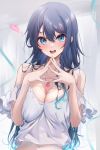  1girl absurdres blue_eyes blue_hair blush breasts cleavage hair_between_eyes hair_ornament highres jewelry komupi large_breasts long_hair looking_at_viewer navel necklace open_mouth original smile x_hair_ornament 